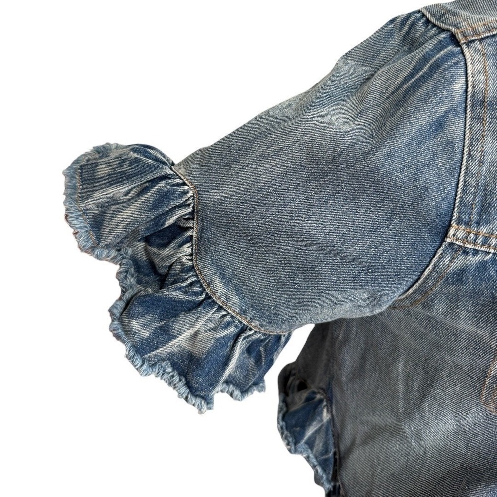 Wren + Glory Painted Denim Jacket Tulle Trim Ruffle Sleeve Art Graphic One Size - Picture 8 of 9